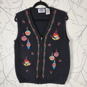 Tabi Cotton Knit Colorful Ornaments Embroidered Full Zip Sweater Vest